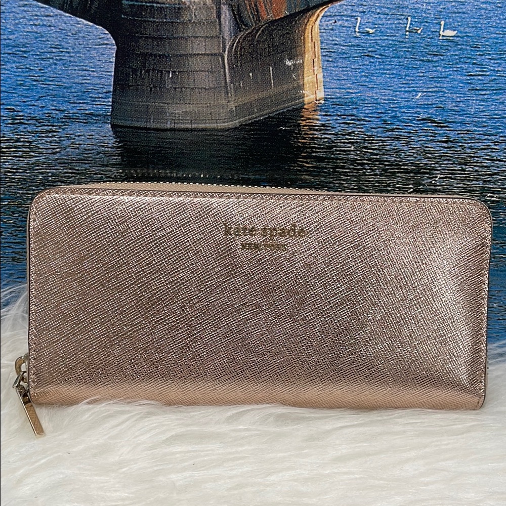Kate Spade Gold Zip-Around Wallet with Shimmery Finish